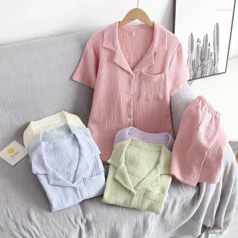 Home Clothing Multi Colors Cotton Summer Short Sleeve Cardigan Tops With Shorts 2 Pcs Homewear Set Pajamas Pijamas Feminino Clothes