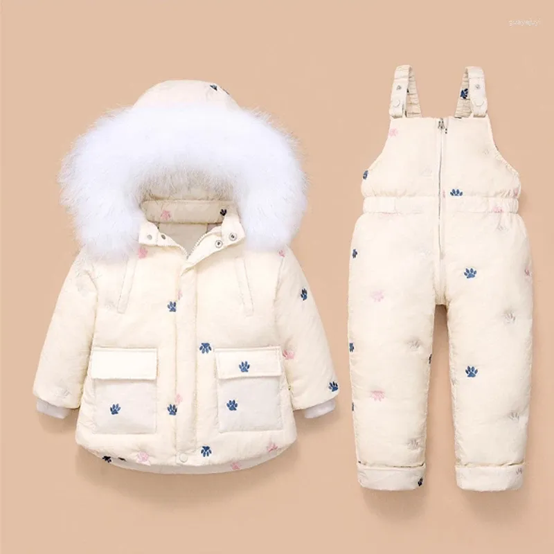 Down jas winterjas overalls voor kinderen peuter babymeisje pants set kinderen kleding kind jaar kap bont parka 1-3 jaar