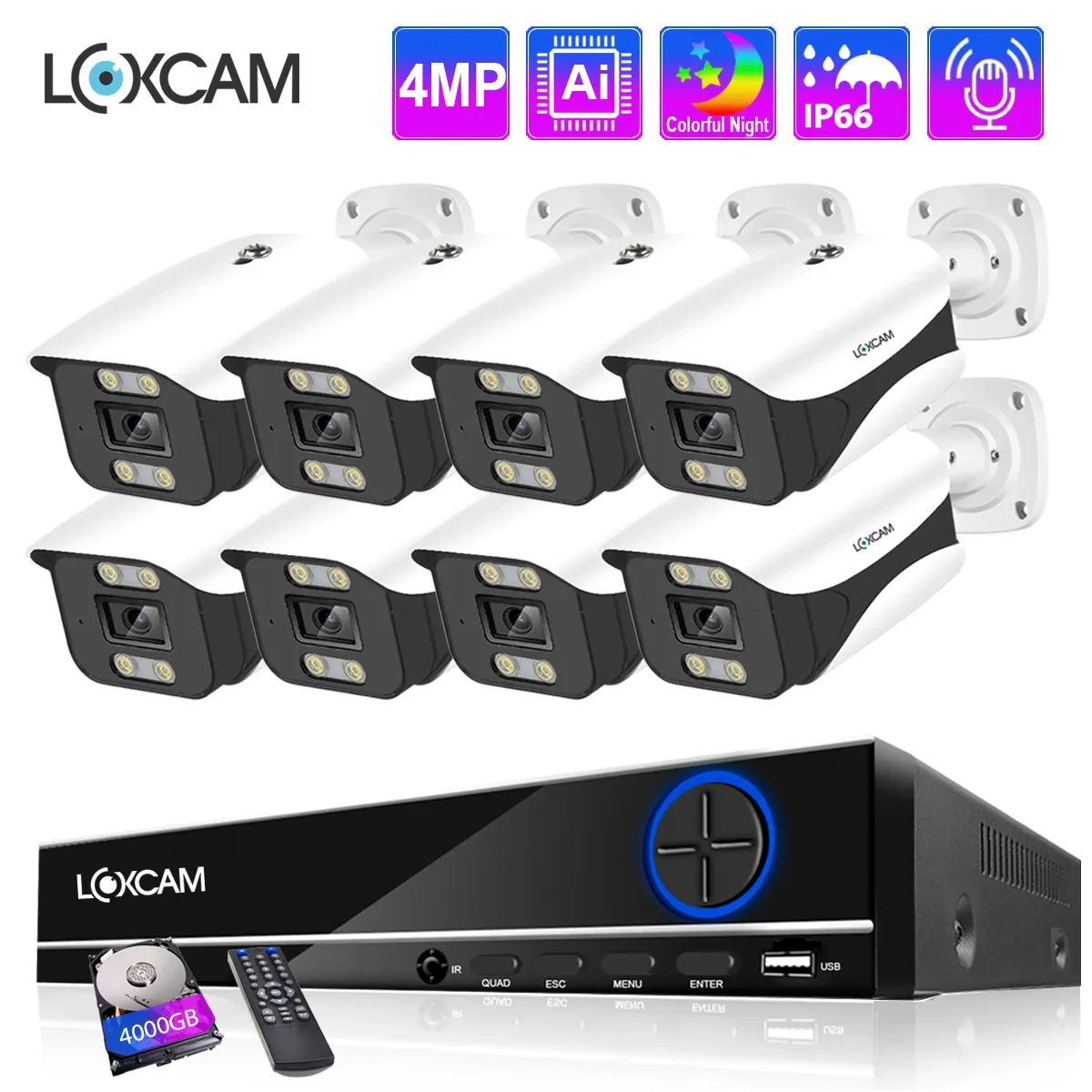 Système LOXCAM 8CH 4MP CCTV Sécurité Caméra Système 48V POE 4MP Audio extérieur imperméable Couleur Nombre de caméras IP CAMERIE VIDEO