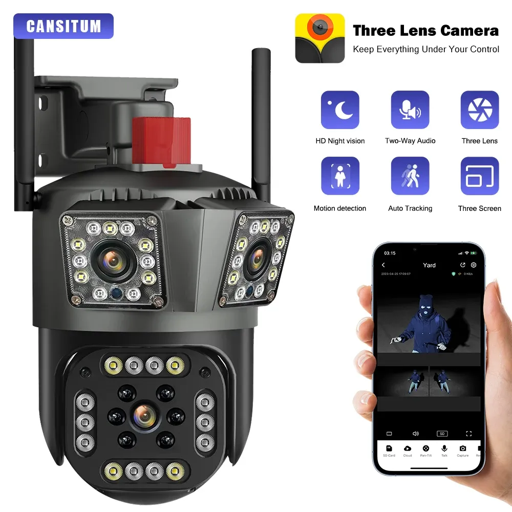 Kameralar 6K 12MP WiFi IP Kamera Açık PTZ Üç Lens Çift Ekran 8x Zoom Otomatik İzleme İnsan Su Geçirmez Güvenlik CCTV Cam