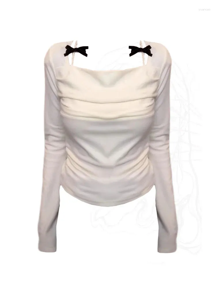 Kvinnors T-skjortor Preppy Style Chic Square Collar T-shirt Korean Luxury Casual Bow Tees Fashion Long Sleeve Beige Mori Girl Crop Top Spring