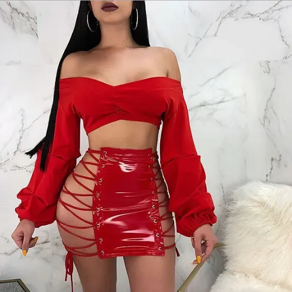Latex Red Leather Skirt Lace Up Latex Red Skirt Lace Up Red