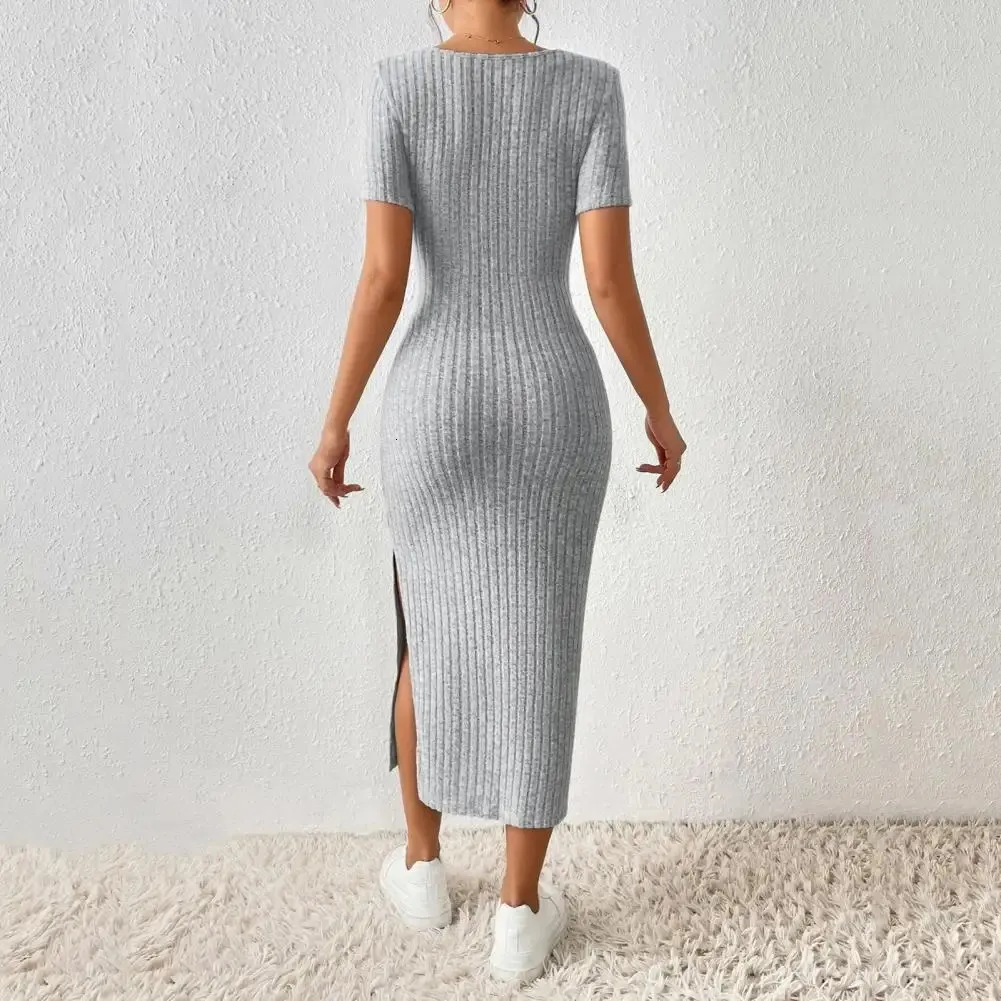 Summer Hipcovering Slit Dress Elegant Square Neck Knitted Midi for Women Solid Color Split Hem Party Commute 240321