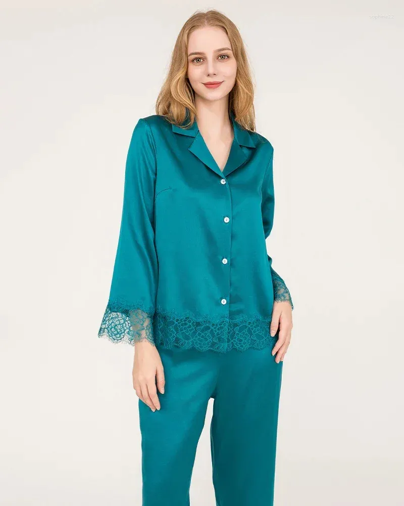 Hemkläder grossist Mulberry Silk Sleepwear Pyjamas Elegant spets trim pyjamas Set lyx nattkläder