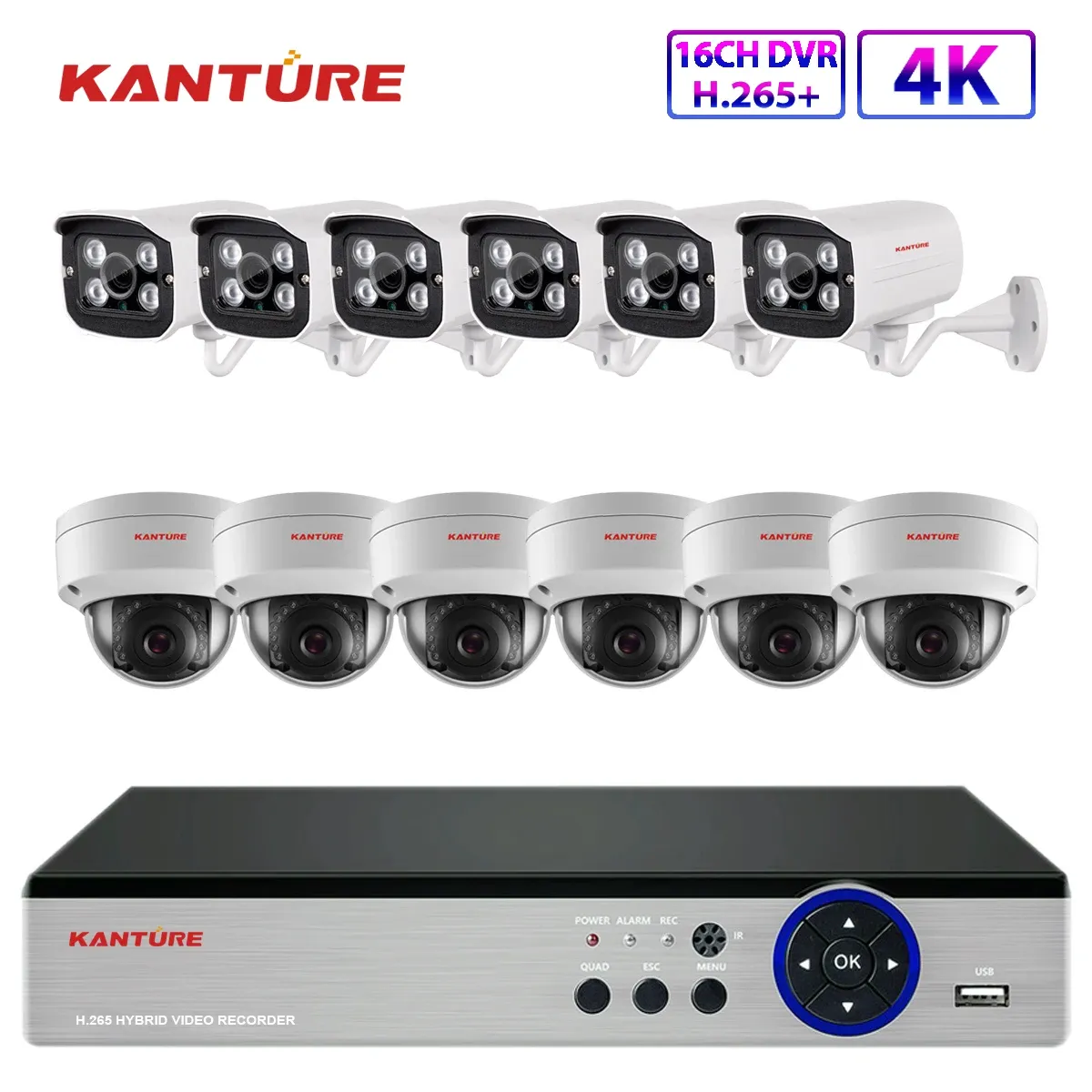 Système Kanture 16CH 4K Ultra HD CCTV DVR Kit 8MP Indoor Outdoor Ai Security Camera System IP66 Send de surveillance vidéo étanche XMeye