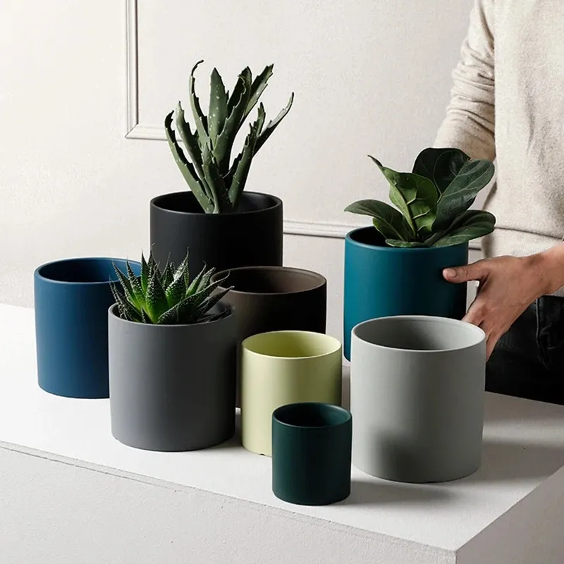 Estilo industrial nórdico colorido colorido florpot suculento plantador verde plantas verdes forma cilíndrica vaso de flores com bandeja de orifício