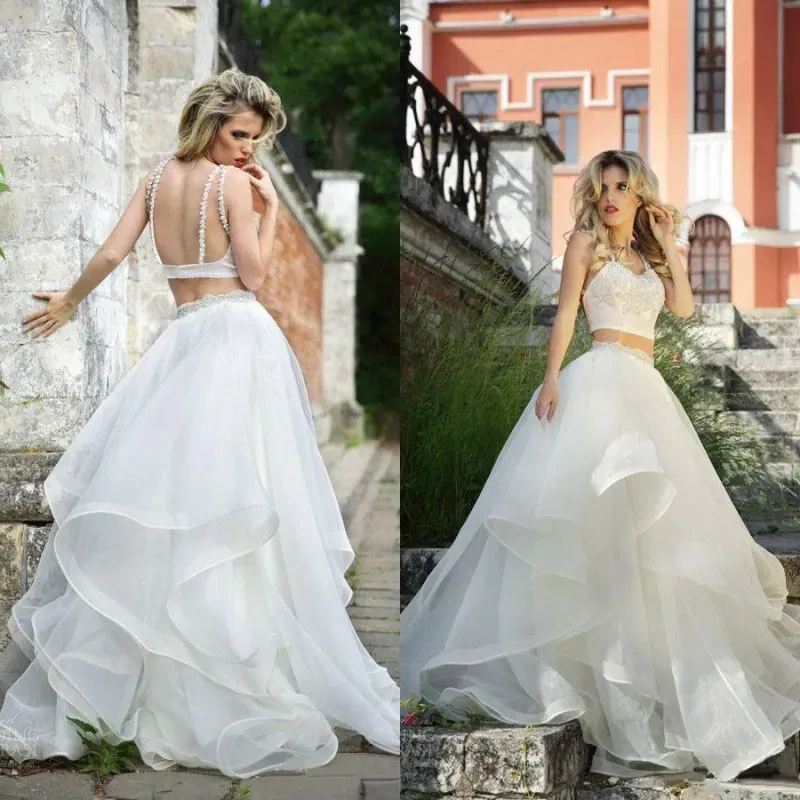 Dresses 2019 Summer Beach Wedding dresses Two Pieces Spaghetti Straps Beading Crop Top Ruffles A Line Bridal Gowns Custom Made China EN501