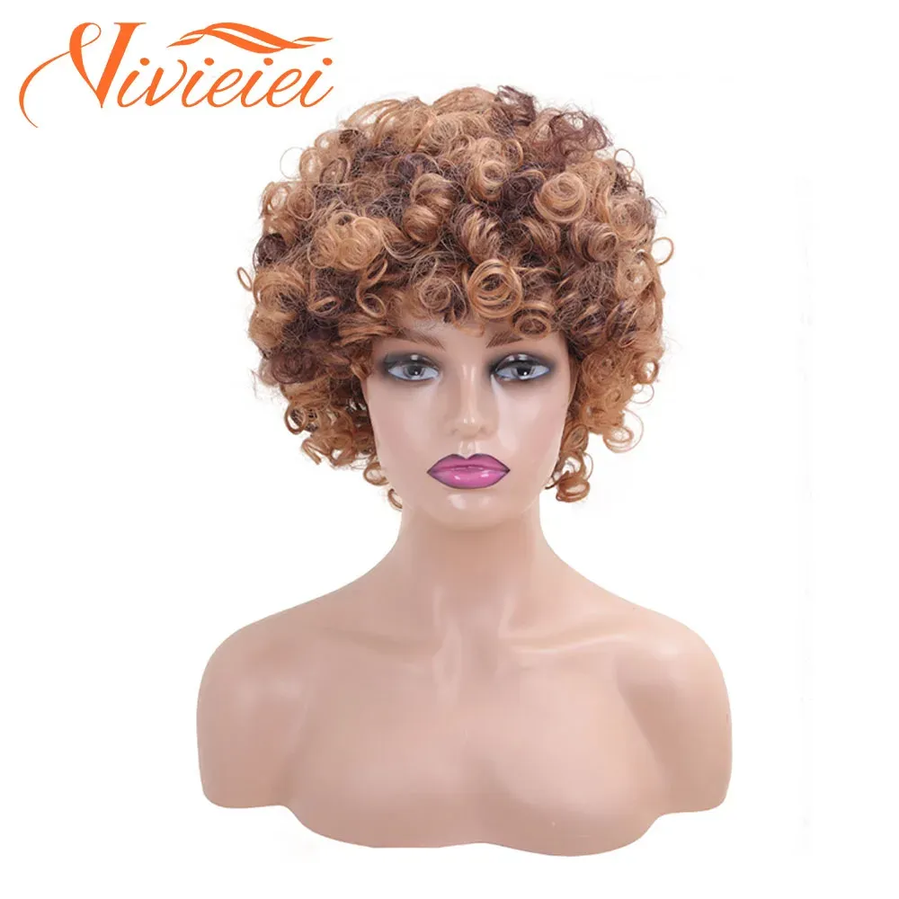 Perruques courtes boucles blondes perruque synthétique afro bizarre curly perruque avec une frange pour les femmes noires gradient naturel blonde blonde wigs wigs