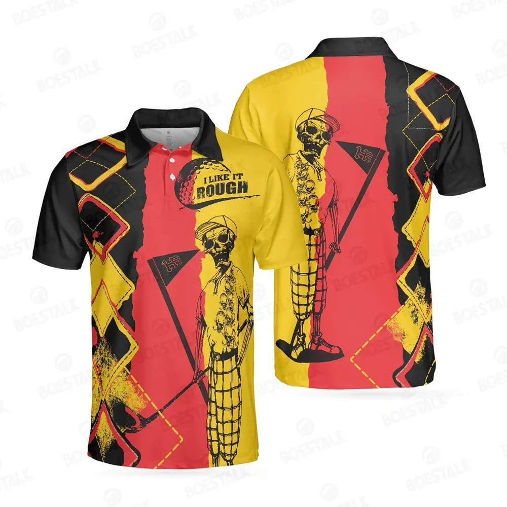 Skjortor Herrmortsleeved Golf Polo Shirt, Argyle Pattern German Flag Skeleton Golf Men's Polo Shirt.