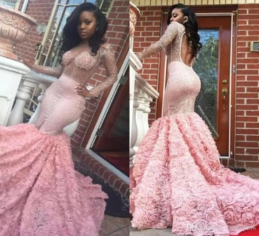 Luxury African Middle East Prom Dresses 2018 Mermaid Long Sleeves for Black Girls Sexy Sheer Beading Evening Gowns Custom Made Fes8266488