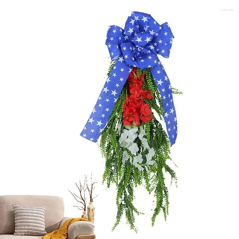 Decorative Flowers 4Th Of July Teardrop Wreath Patriotic Decor For Door Artificial Flower Decorations With Red White And Blue