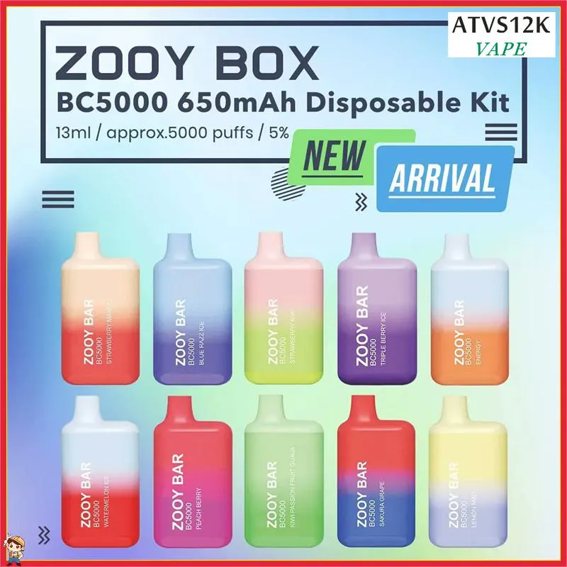 Autentisk Zooy Box BC5000 E Cigaretter 5000 Puff Kit 0% 2% 5% Mesh Coil Rechargeble Disponible Vape Pen 13 ML Förfylld POD-vagnar 18 Colors Vaporizers vs Bang Box BC 5000