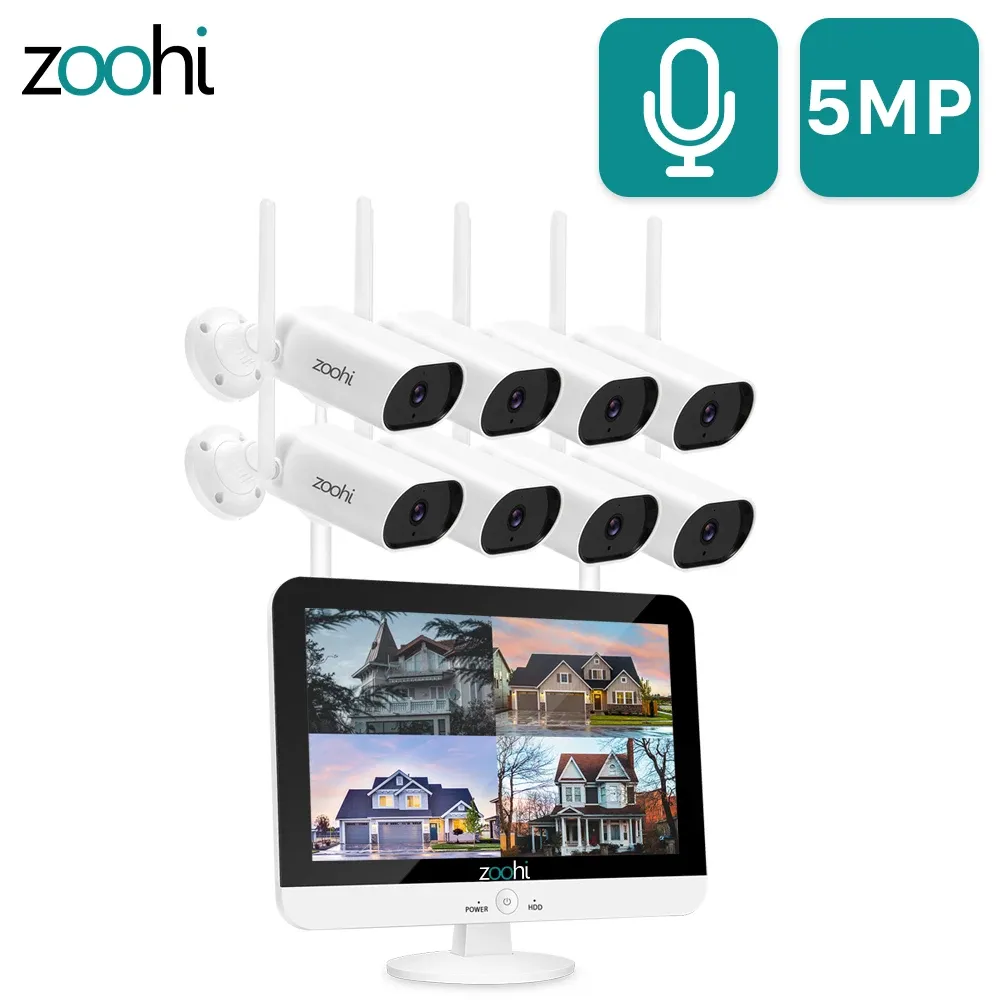 Système Zoohi 1920p Surveillance Video Système WiFi Caméra Sound Enregistrement de sécurité Home SETTACE SYSTÈME 13inch Monitor sans fil Kit NVR