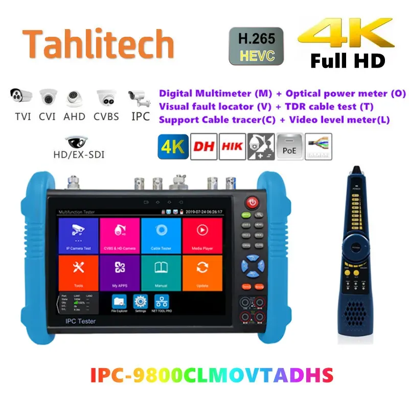 Anzeige IPC9800 MOVTADHS PLUS PLUS 7 Zoll HD CCTV Tester Monitor für AHD TVI CVI SDI H.265 Multimeter optische Faser -VFL TDR für CCTV -Tester