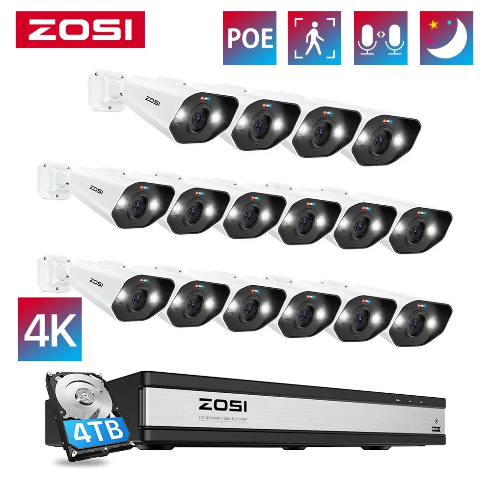 Intercom Zosi 16ch 4K Poe Home Camera Camera System 8MP NVR Set في الهواء الطلق في الهواء الطلق الرؤية الليلية AI كاميرا IP مجموعة مراقبة الفيديو