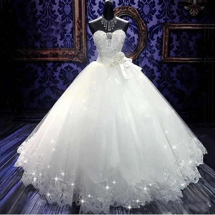 Kleider 2020 sexy Bling billig eine Linie Brautkleider Schatz ärbliche Spitze Applikationen Kristallperlen Perlenkugel Kleid Formal Brida