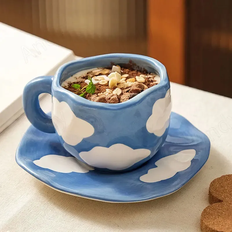 European Ceramic Mug Handwork Art Breakfast Tabletop Milk Cup Modern Cloud Decoration Afternoon Tea Coffee Cups Home Decoration 240329