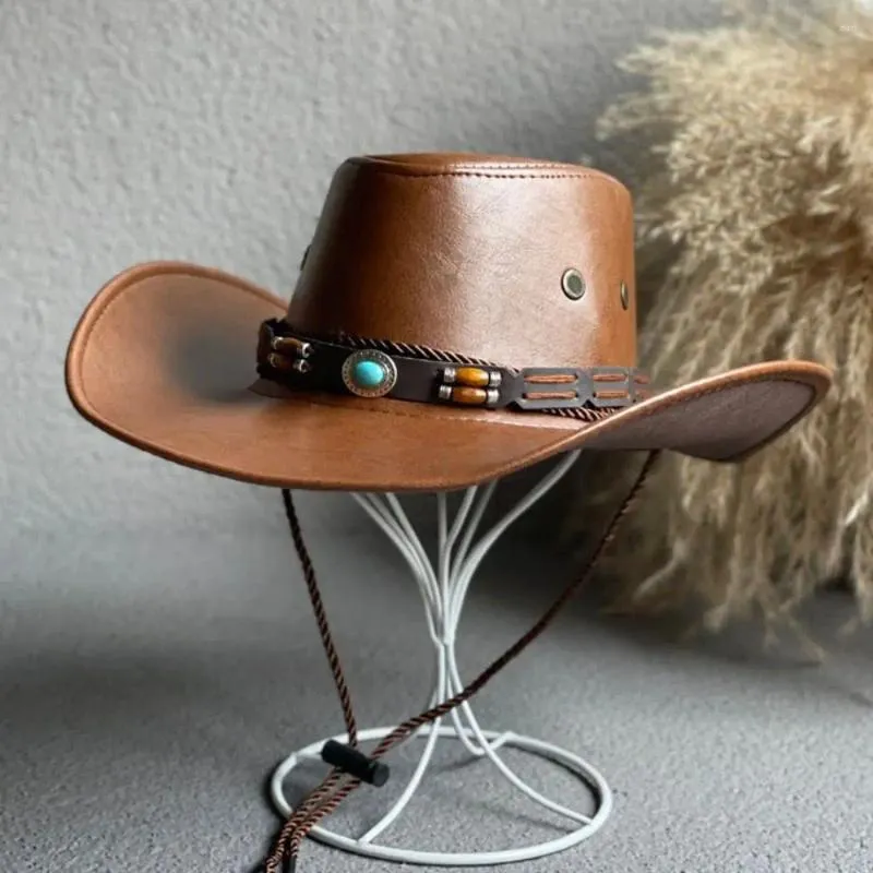 Berets na świeżym powietrzu Vintage Faux skórzana wielka sznurka dla mężczyzn Wspinaczka górska czapka kowbojska rybakowie kobiety