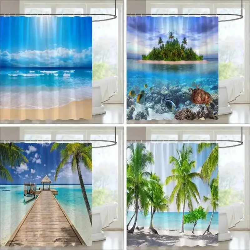 Duschvorhänge Seaside Landschaft Outdoor Vorhang Strand Hawaii Kokosnussbaum Island Natur Polyester Stoff Hängende Badezimmerdekoration