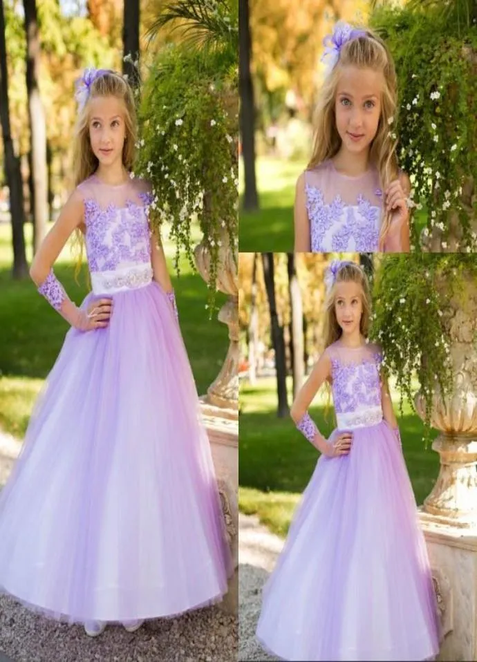 Beautiful A Line Jewel Floor Length Lilac Tulle Appliques Flower Girls039 Dresses Garden Style Modest Pageant Girls Dresses Pri7961970