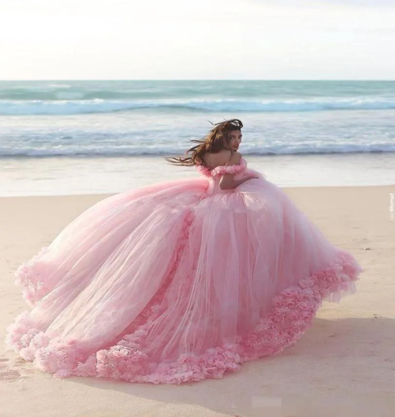 2019 New Puffy Pink Quinceanera Gowns Princess Formal Long Ball Gown Bridal Wedding Dresses Chapel Train Off Shoulder 3D Flowers2778070