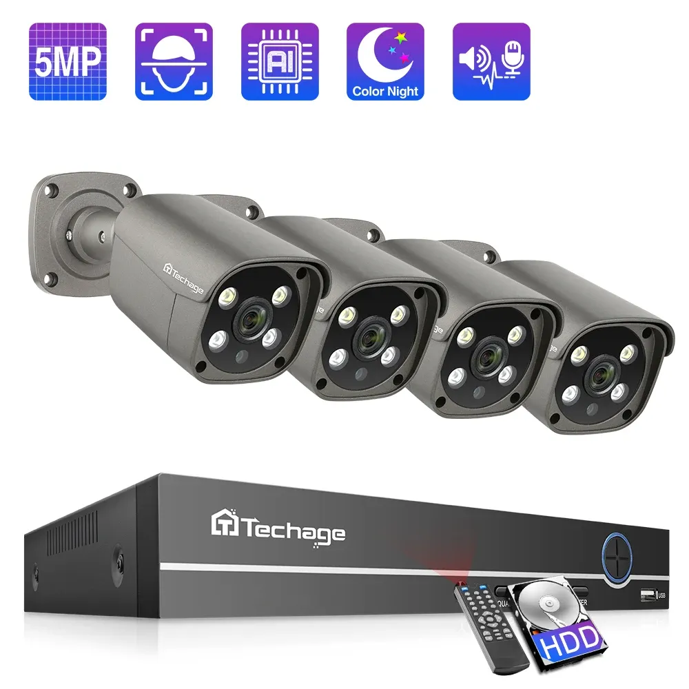 Sistema Techage 8CH 5MP POE NVR Sistema de câmera IP Ai Humano Detectado Twoway Audio Outdoor Security Camera Confie