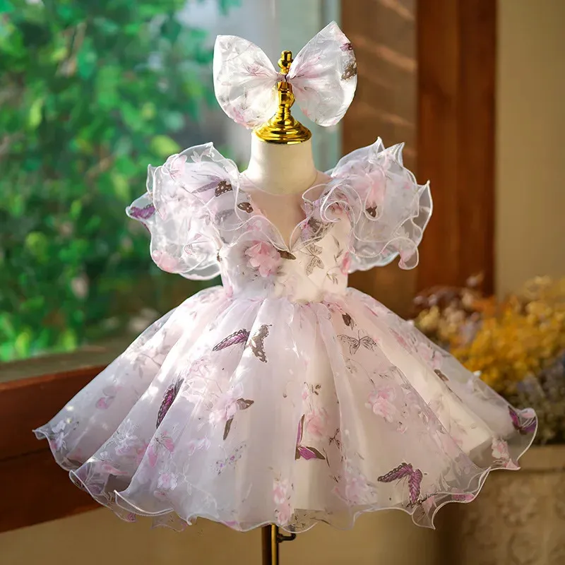 Çiçek Kız Elbiseleri Düğünler İçin Çocuklar Bow Tasarım Peri Prenses Balo Gown Çocuk Doğum Günü Partisi Giysileri Bebek Vaftiz 240323