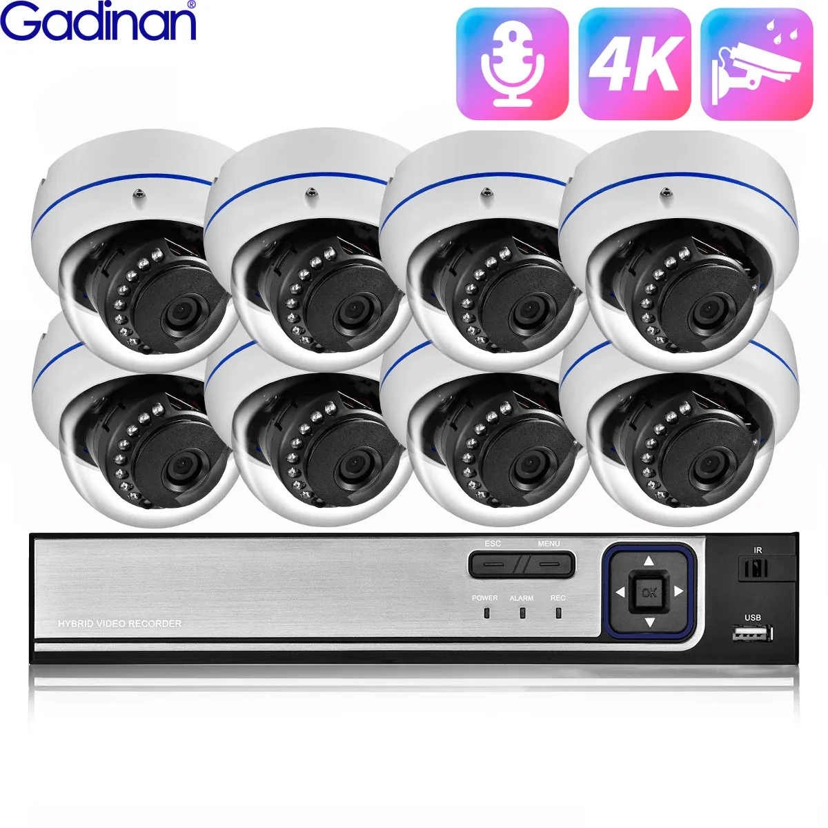 System Gadinan 8MP Dome Riot Camera Kit 4K Audio Video Outdoor Home Camera System 4/8CH Set Security CCTV Video Surveillance Set