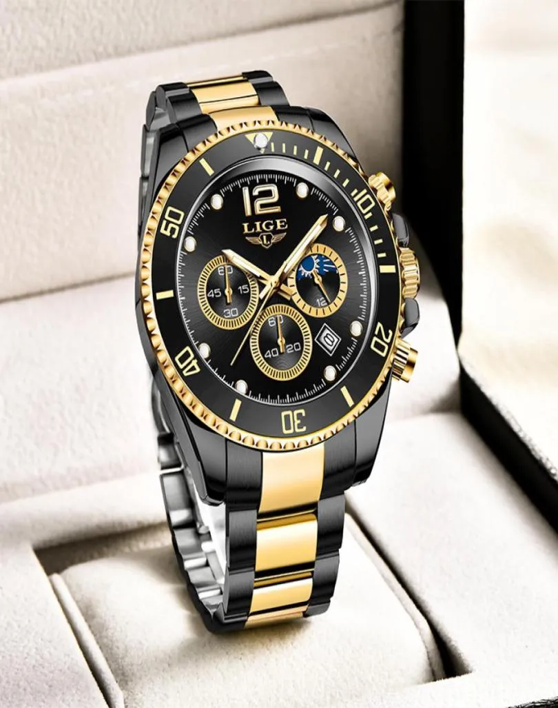 Lige Watch Mens Top Роскошная такта повседневная нержавеющая сталь 24 -часовая фаза Men Men Watch Sport Водонепроницаемый кварцевый хронограф 2205313286026