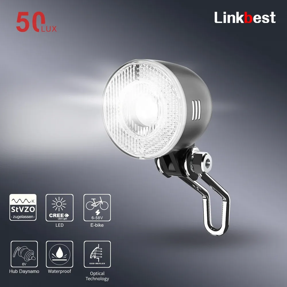 Lights LinkBest 50 Lux Headlight LED Electric Bicycle Light Stvzo approuvé imperméable IPX 5 Hub Dynamo Ebike Escoloter Antiglare