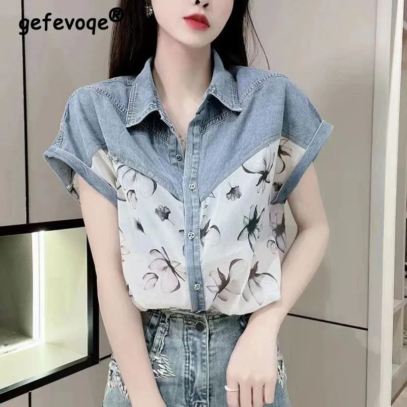 Frauenkleidung Sommer Trendy Vintage Blumendruck Denim Patchwork Chic Shirt Casual Streetwear Kurzarm Lose Bluse Blusa 240322