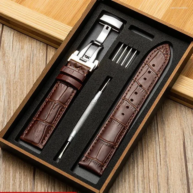 Assista Bands Band With Wooden Box Butterfly Clasp Watch Band Band Substituição de couro genuíno cinta 18mm 20mm 22mm Acessórios de pulseira