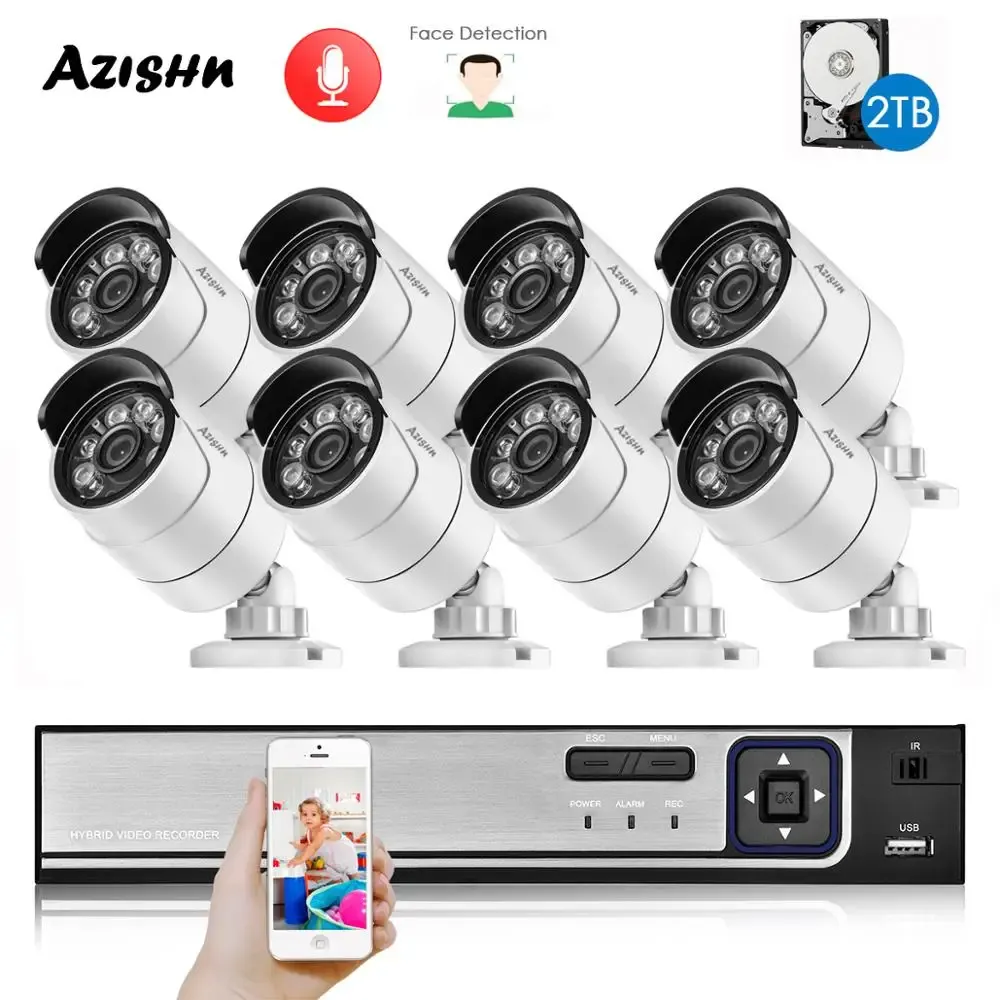 Sistem 8CH 5MP Süper HD Video Güvenlik Sistemi H.265 + NVR 5MP Yüz sensörü ve sesli açık su geçirmez CCTV kamera algılama kiti