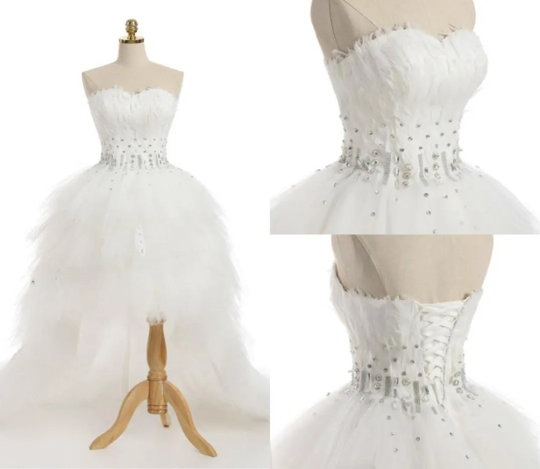 Retro 2021 Wedding Dress With Feathers Real Sample Sweetheart Sleeveless Sexy Crystal Beads HiLo Corset Back Bridal Gowns Custom 1474050