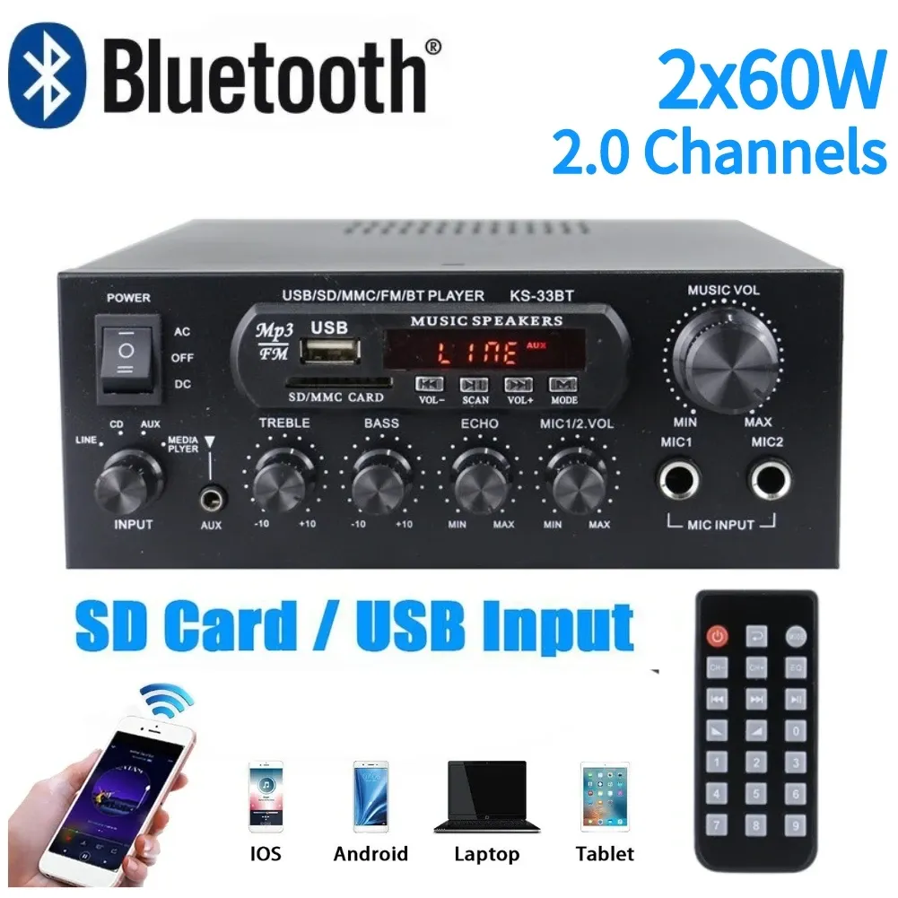 مكبر للصوت KS33BT HIFI Amplifier 2x60W Bluetooth 5.0 مضخم صوت رقمي 2 مضخم صوت قناة FM للسيارة الرئيسية كحد أقصى