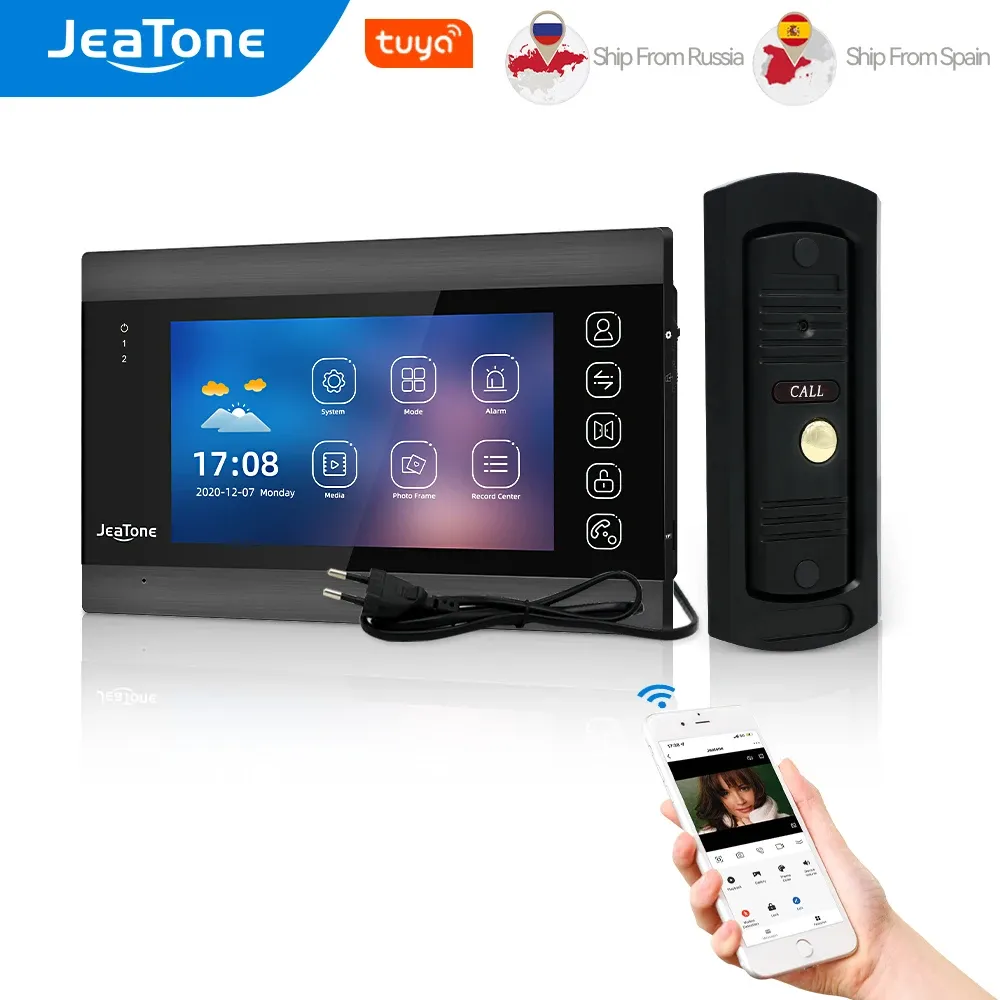 Intercom Jeatone WiFi Tuya 7''Black Video Door Phone Intercom System with 720P/AHD Wired Doorbell Camera Remote Unlock Motion Detection