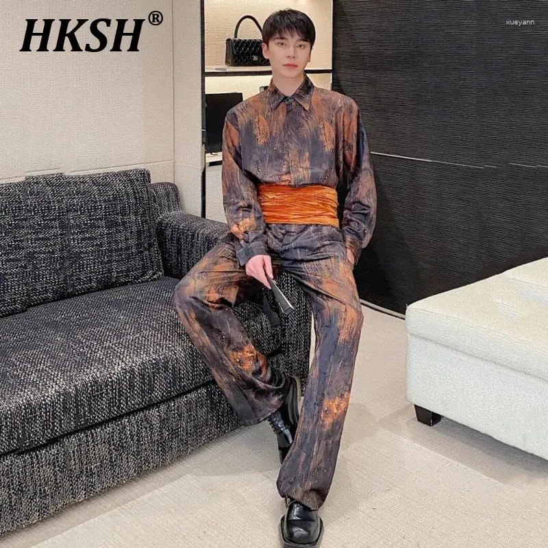 Мужские спортивные костюмы HKSH Spring китайский жаккардовый галстук окрашены с длинными рубашками.