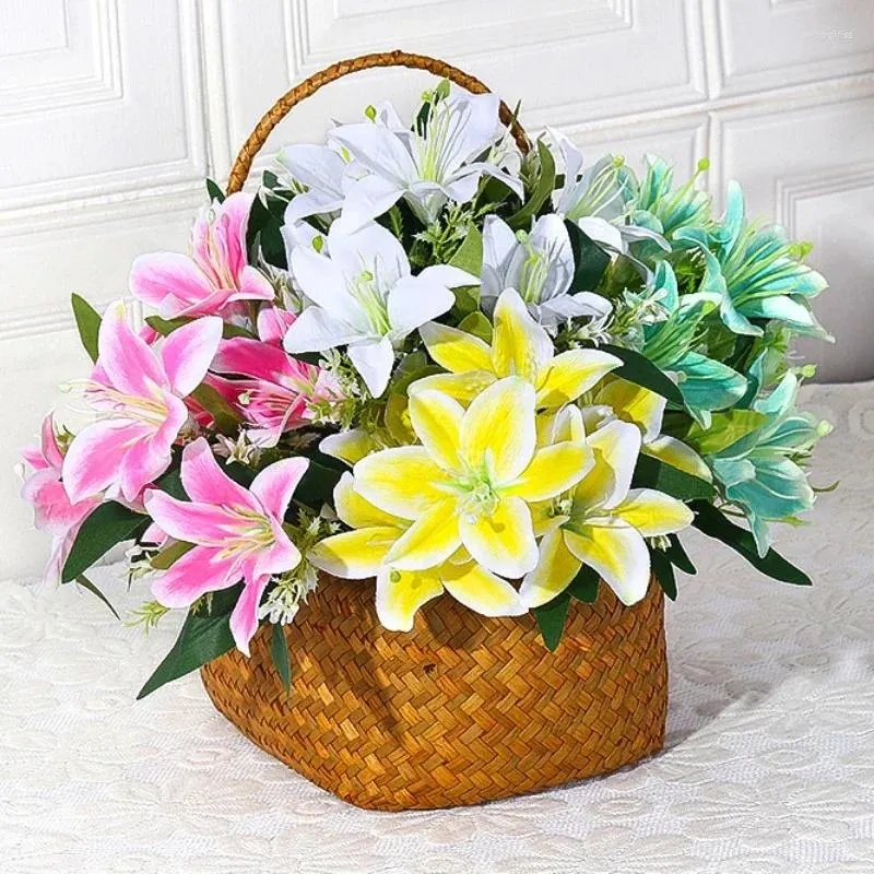 Decorative Flowers 7-head Artificial Lily Silk Flower Bouquet Living Room Dining Table Decoration Floral Vase Arrangement Indoor