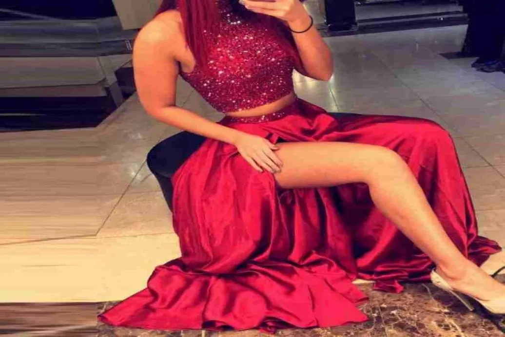 Two Pieces Sparkly Beading 2021 Red Evening Dress Aline High Side Slit Prom Gowns Custom Robe De Soiree2645949