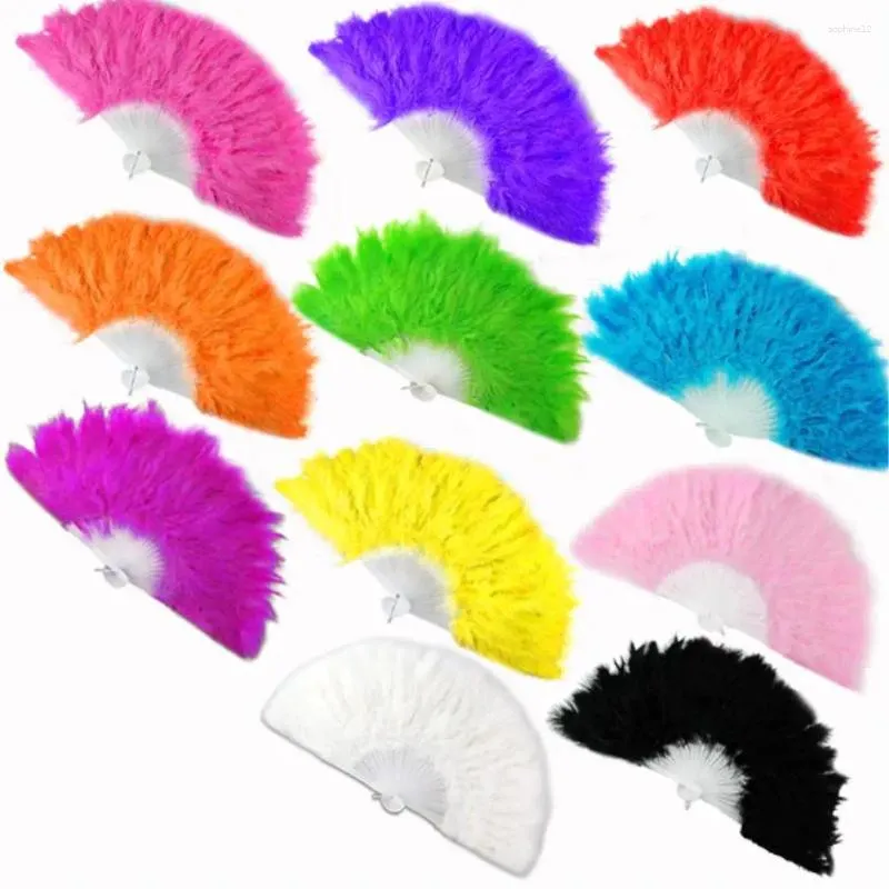 Decorative Figurines (9 Colors ) Feather Hand Fan Wedding Dance Folding Party Stage Props Art Decoration Handmade Craft Fans Cosplay Suit