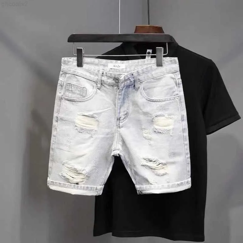 Jeans maschile coreano retrò giapponese versatile sciolto shorts dritto pantaloni casual boys color bianco hip hop corto strappato 230711 m475