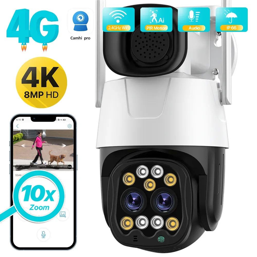 Cameras 4K 8MP 4G Sim Card Camera Outdoor WiFi 2.8mm8mm Dual Lens 10X Zoom IP Camera AI Tracking Audio Security CCTV Camera H.265 Camhi