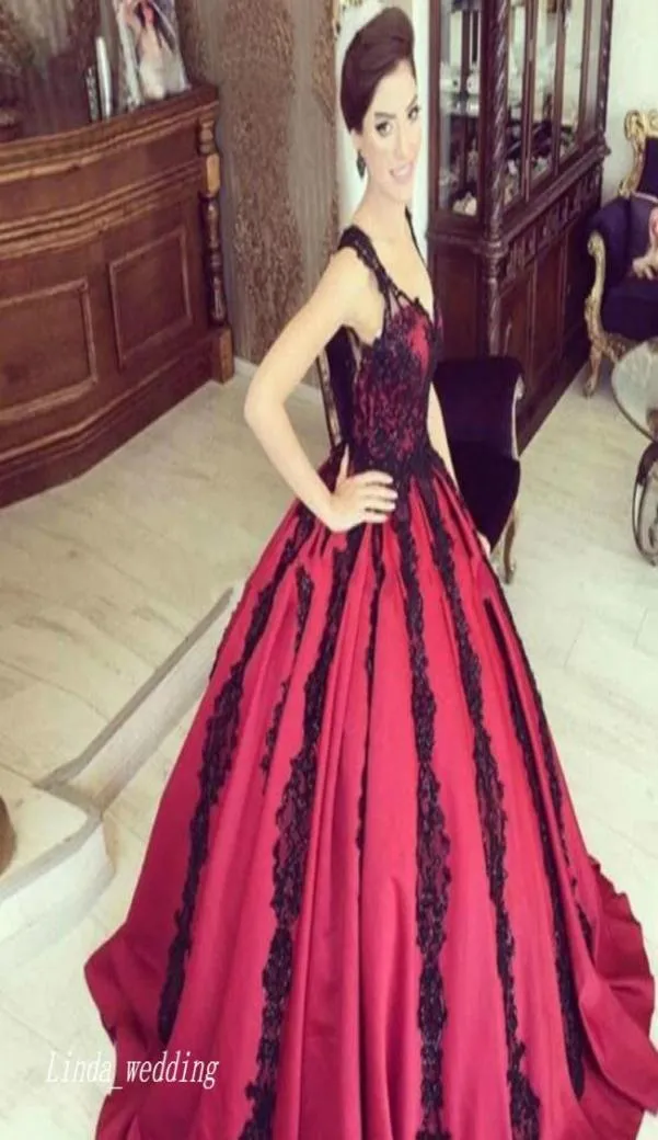 Vintage V Neck Long Prom Dress Arabic Red Ball Gown Applique Formal Evening Party Gown Plus Size7543169