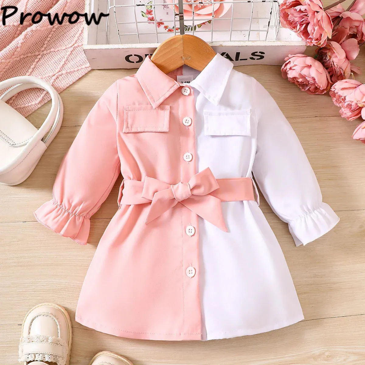 Prowow 3-24m Meninas de meninas de manga comprida Fall Rosa Vestido branco de retalhos com cinto para menina nascida roupas de bebê 240323