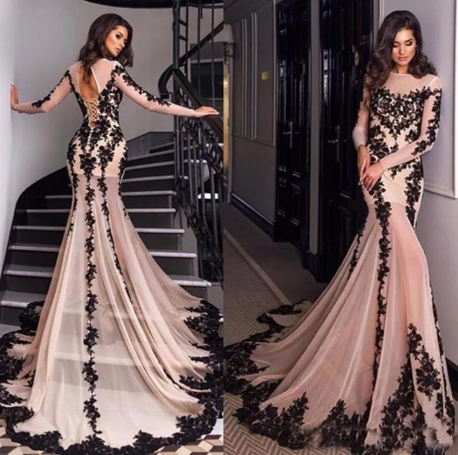 Vestido de Festa 2019 Siyah Aplike Dantel Denizkızı Akşam Elbiseleri Sefer Uzun Kollu Süpürme Tren PROMS3575029