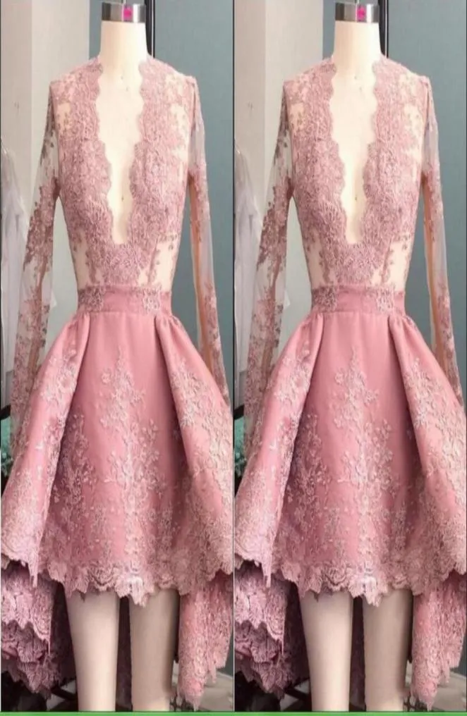 Charming Pink Cocktail Dress Cheap Asymmetrical High Low Designer V neck Illusion Long Sleeves Applique Lace Prom Evening Party Go5809426