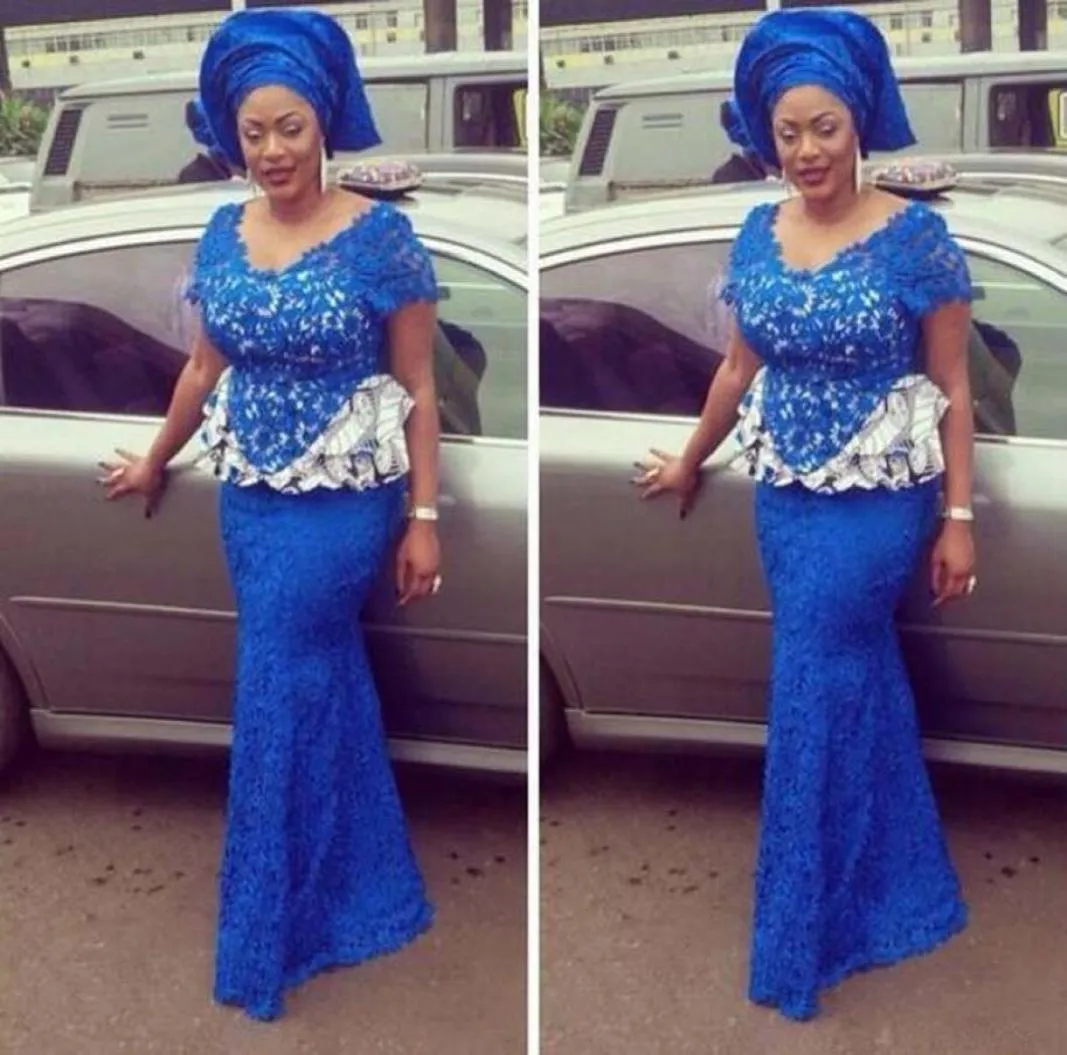 Royal Blue Nigerian Lace Prom Dresses Evening Wear VNeck Short Sleeve Plus Size Dresses with Peplum Trumpet Aso Ebi Style Formal 3082399