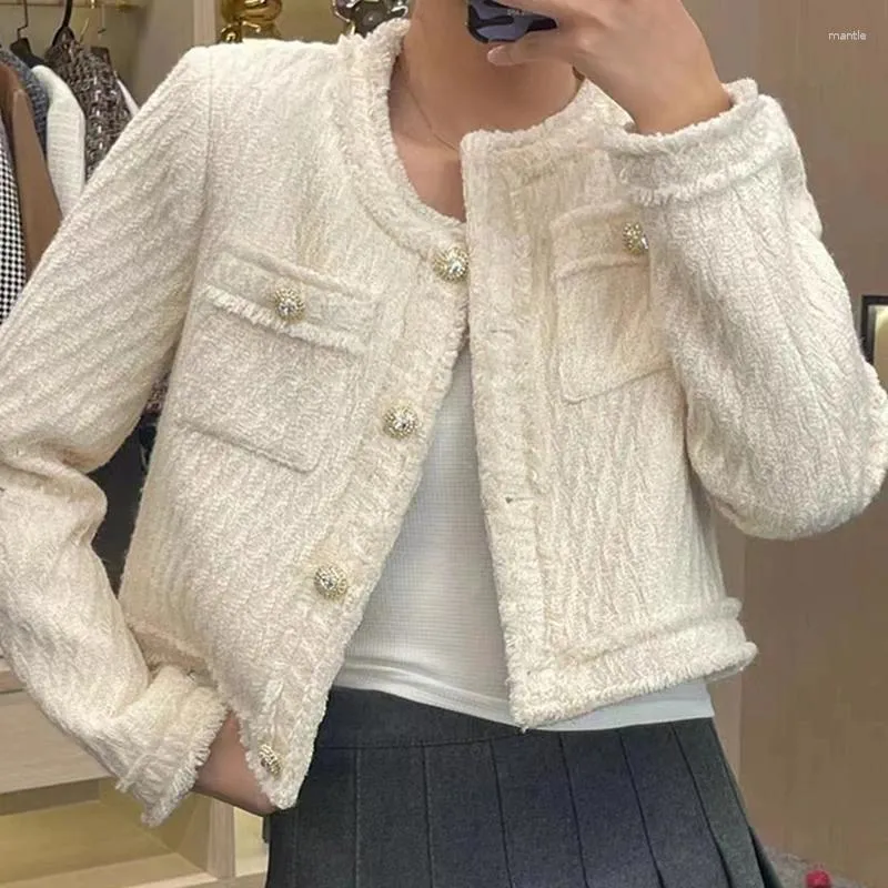 Women's Jackets White Tweed Jacket Women 2024 Spring Fall High Quality Luxury Drill Button Tassel Pocket Korean Cropped