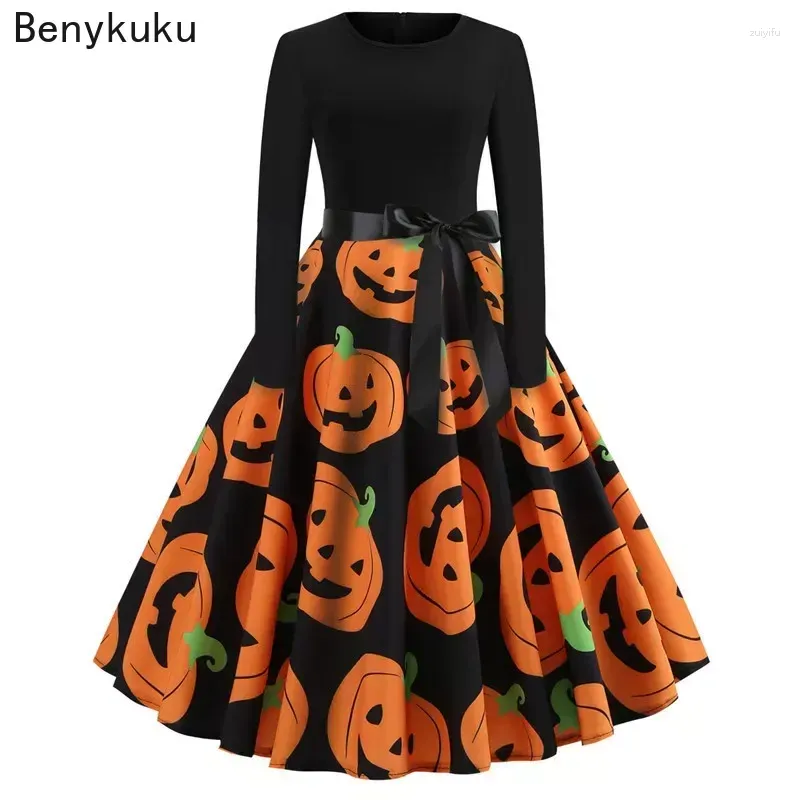 Casual Dresses Halloween Cosplay Costume Props Fancy Pumpkin Women Gothic Dress Long Sleeve Princess Festival Up Party Vintage Robe Femme