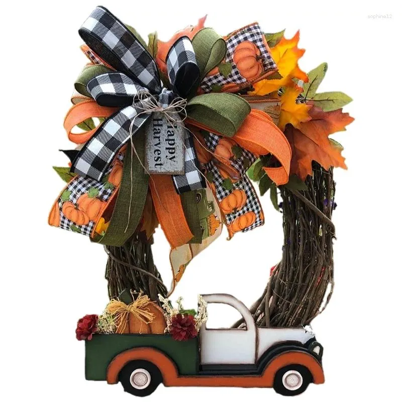 Flores decorativas para criativo Halloween Pumpkin Truck Wreath Harvest Harvest xadrez bowknot pendurado na fazenda rústica de ação de graças rústicas